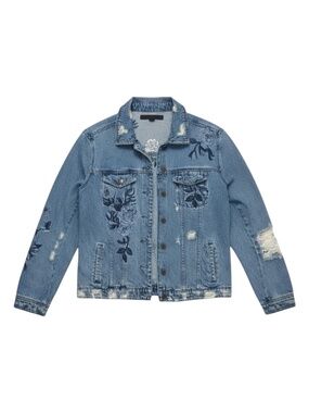 Tinsel Distressed Jean Jacket Women’s Medium Blue Denim Floral Embroidery